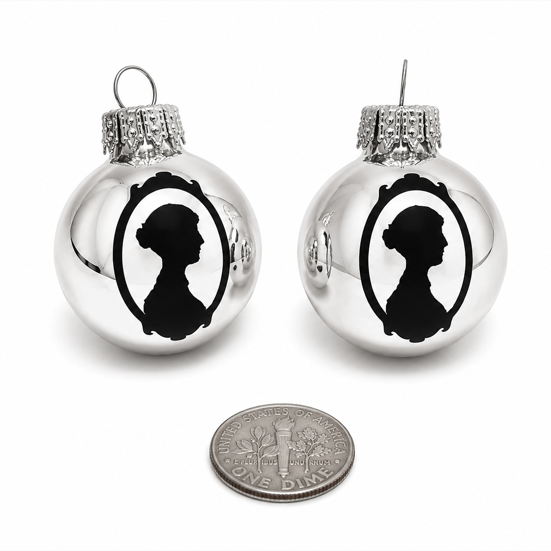 set of two small jane austen silhouette ornaments.