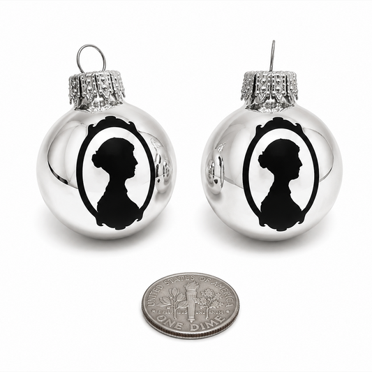 set of two small jane austen silhouette ornaments.