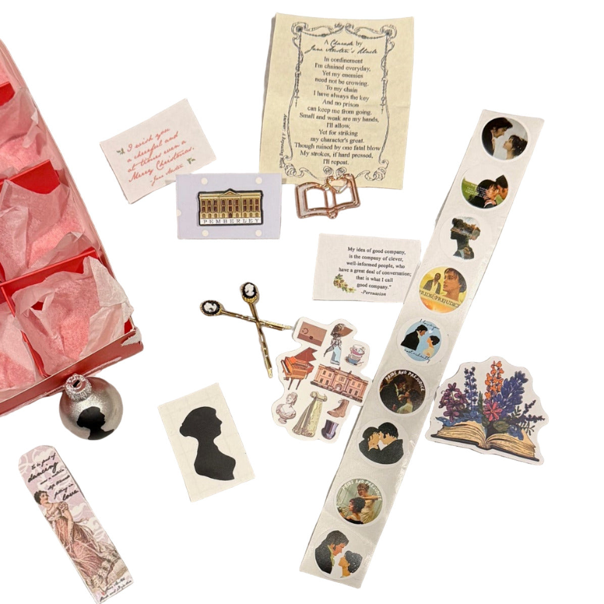 contents of 2025 jane austen advent calendar 12 days of Christmas countdown by Austentation