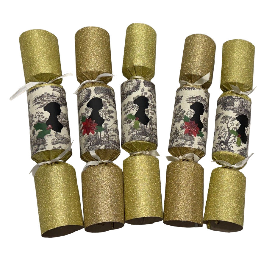 Jane Austen Themed Christmas Crackers in gold glitter and ivory/black toile