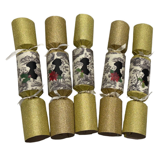 Jane Austen Themed Christmas Crackers in gold glitter and ivory/black toile