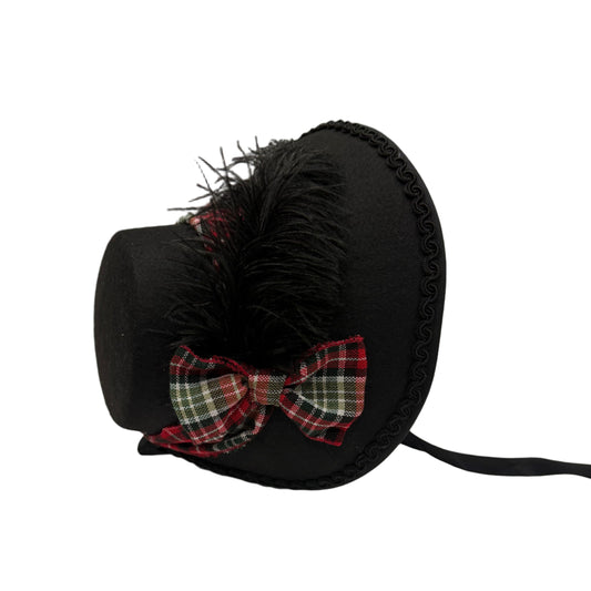 Black victorian caroler bonnet with red and green plaid ribbon