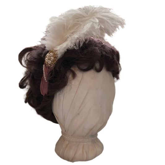 jane austen regency ball style feather and pearl headband made of pink mauve satin
