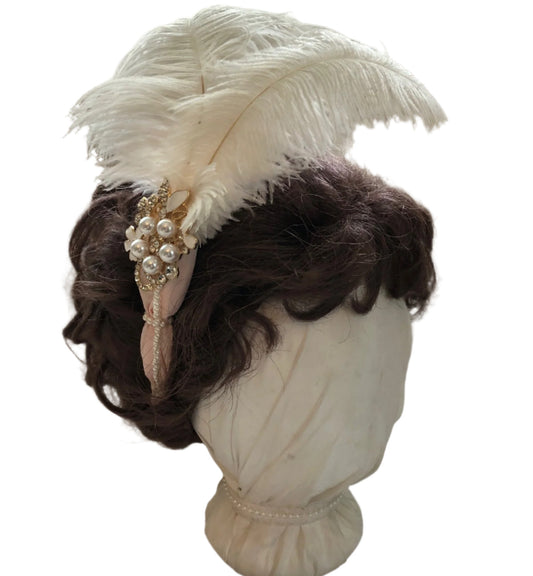 Satin Headband with pearls, feathers and jewels for Jane Austen style Regency Ball hair style.