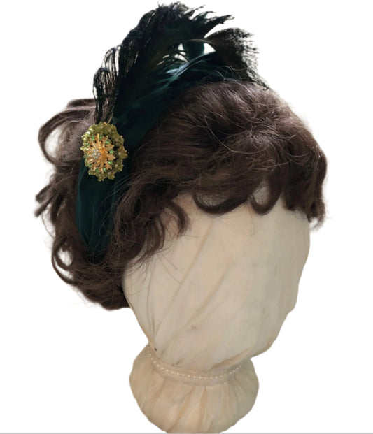 green fabric headband with peacock feathers and vintage brooch for Jane Austen Regency style ball hair