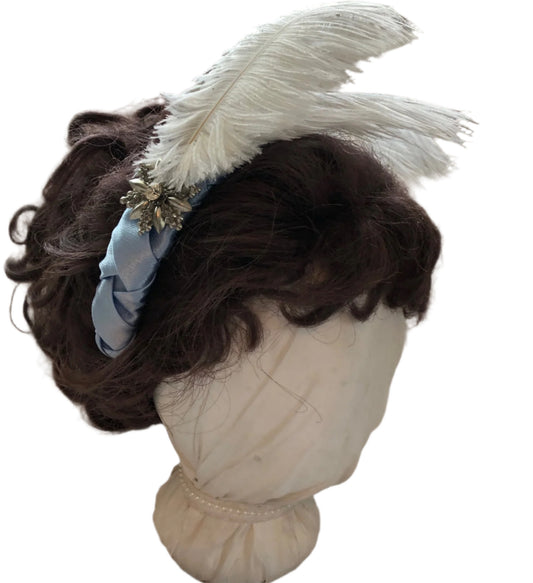 braided blue satin jane austen regency ball style feathered headband with vintage rhinestone brooch
