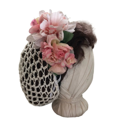 Pink and White Victorian/Civil War era floral headband and snood.