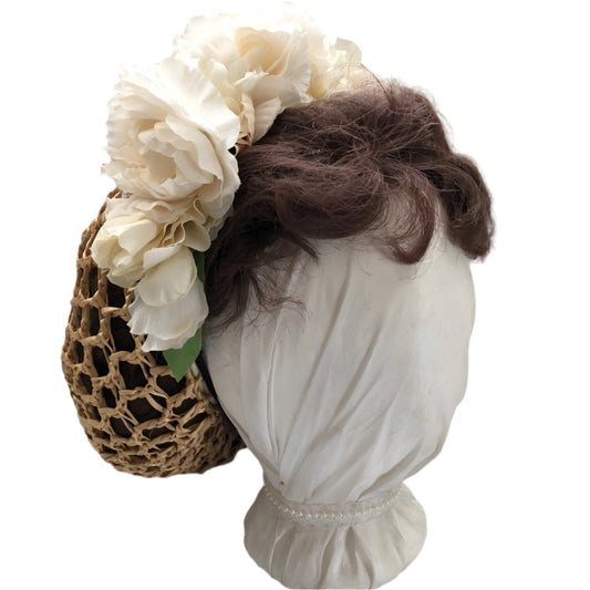 tan and ivory victorian style civil war hair net or snood with floral headband
