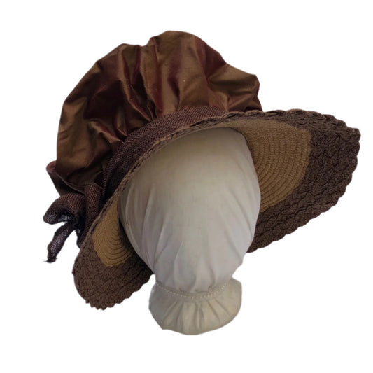 Brown and tan bonnet with brown fabric - perfect for regency and Jane Austen events. Travels well!