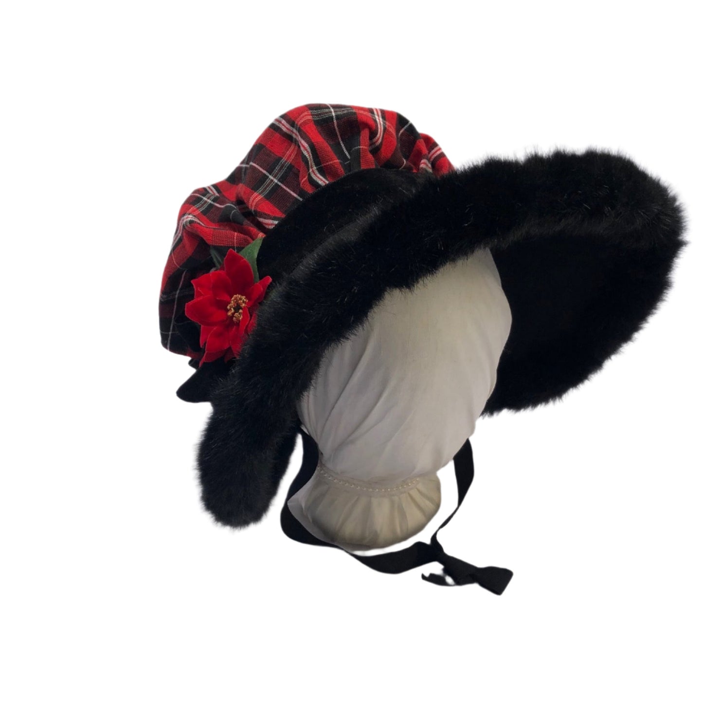 Caroler Bonnet: Plaid with Velvet Ribbon & Fur