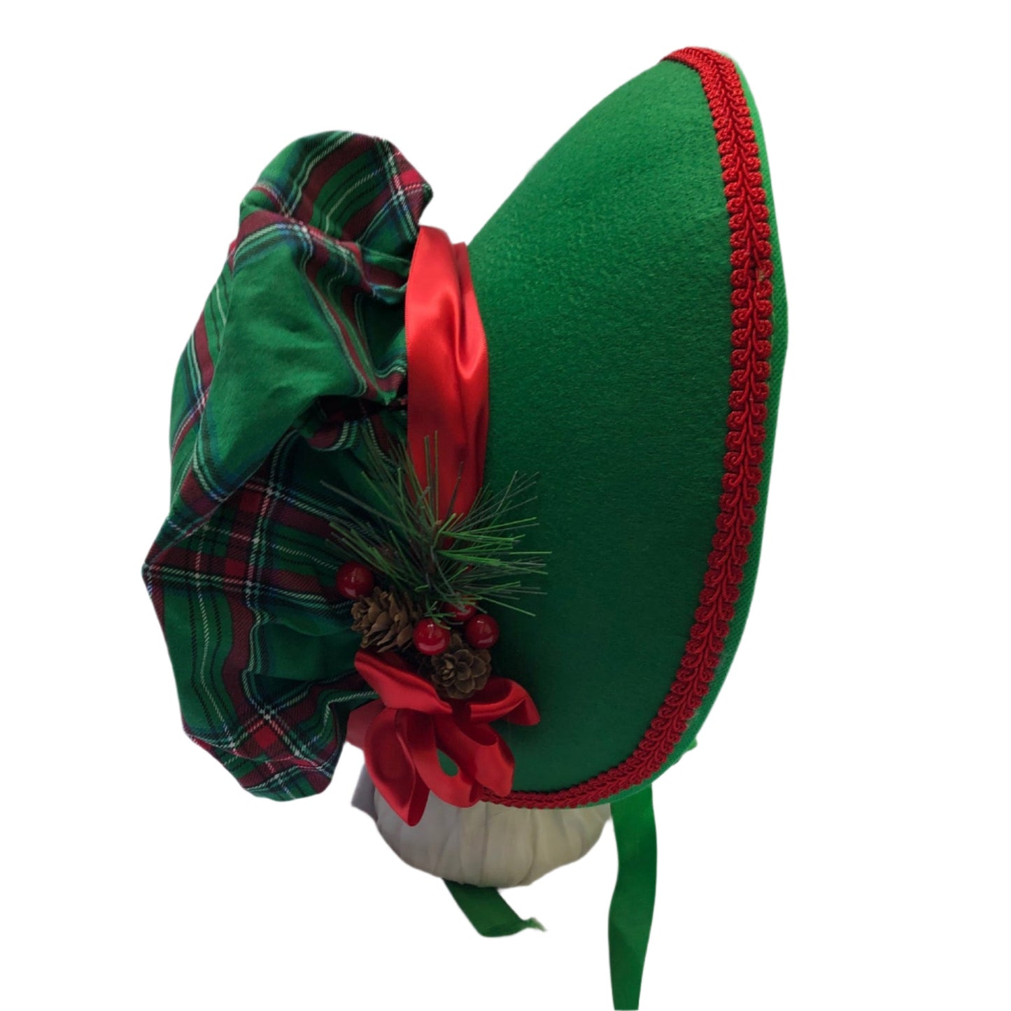 Festive Green and red plaid victorian caroloers bonnet with pine, pinecones and berries.