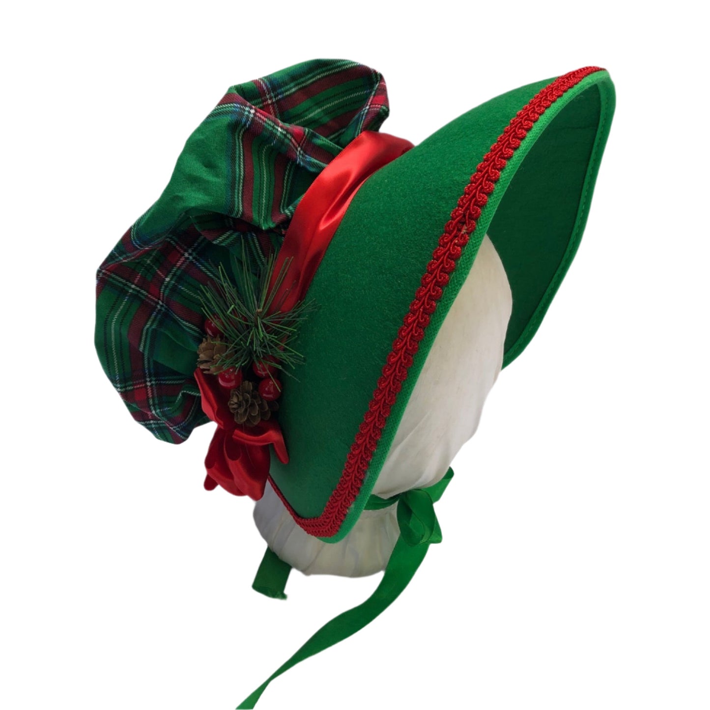 Caroler Bonnet: Green Plaid with Red Trim