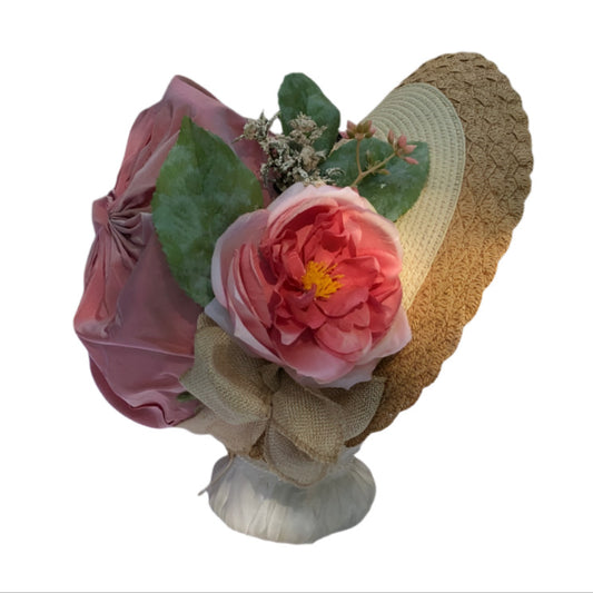 packable travel bonnet for conventions, conferences and festivals, this pink taffeta and rose Regency style bonnet is a one of a kind Austentation original.
