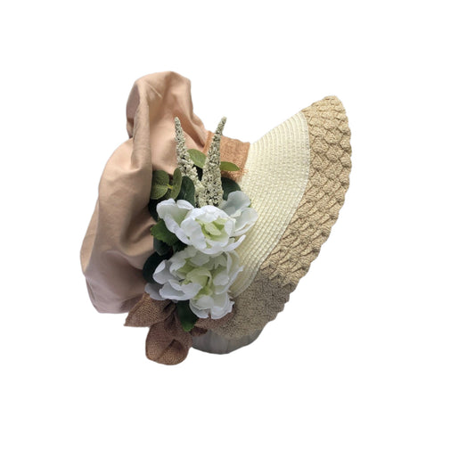 Tan and Ivory Packable Regency bonnet is the perfect neutral accessory for your dress up event!