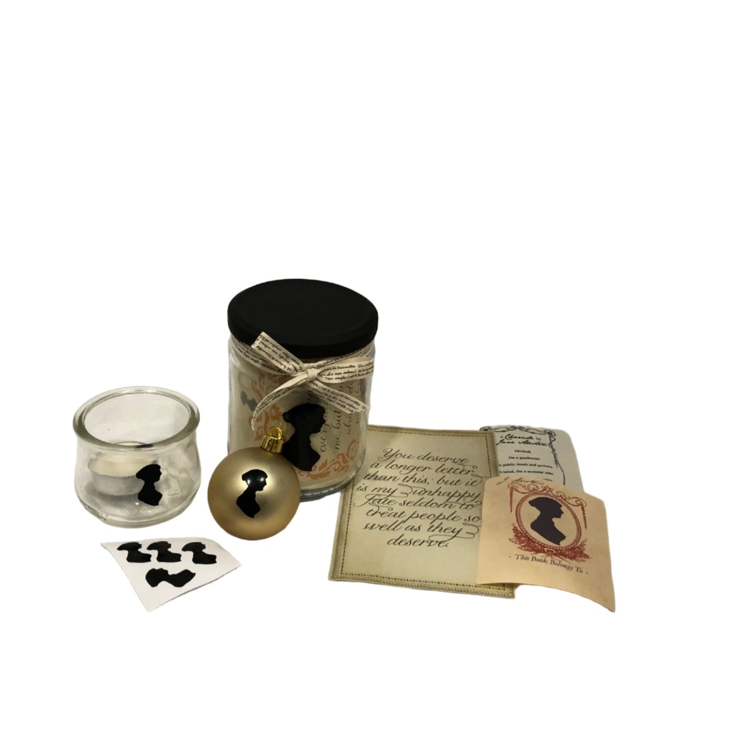 Jane Austen themed gift jar with staionery, candle, stickers, game, bookplate and more!