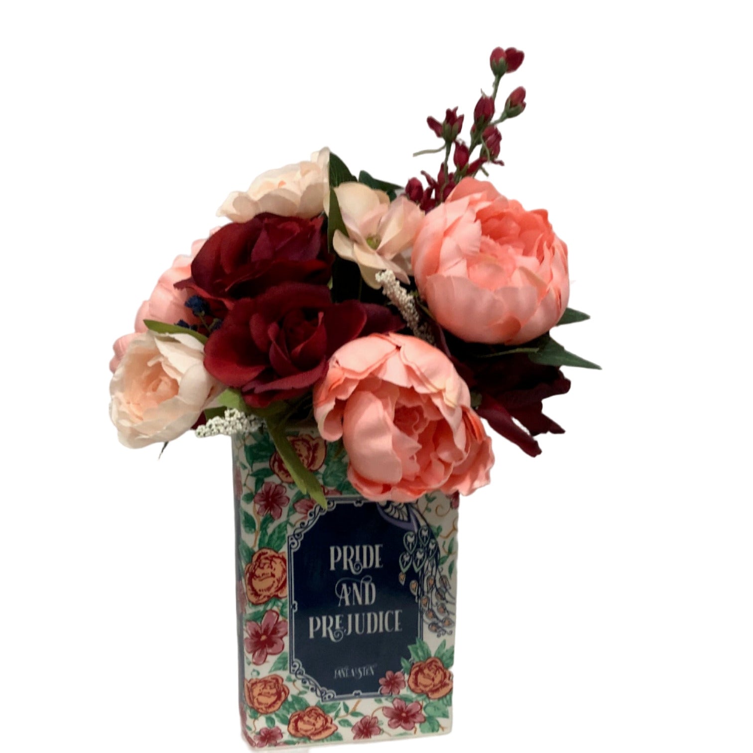 Floral arrangement gift in Jane Austen's Pride and Prejudice ceramic book vase