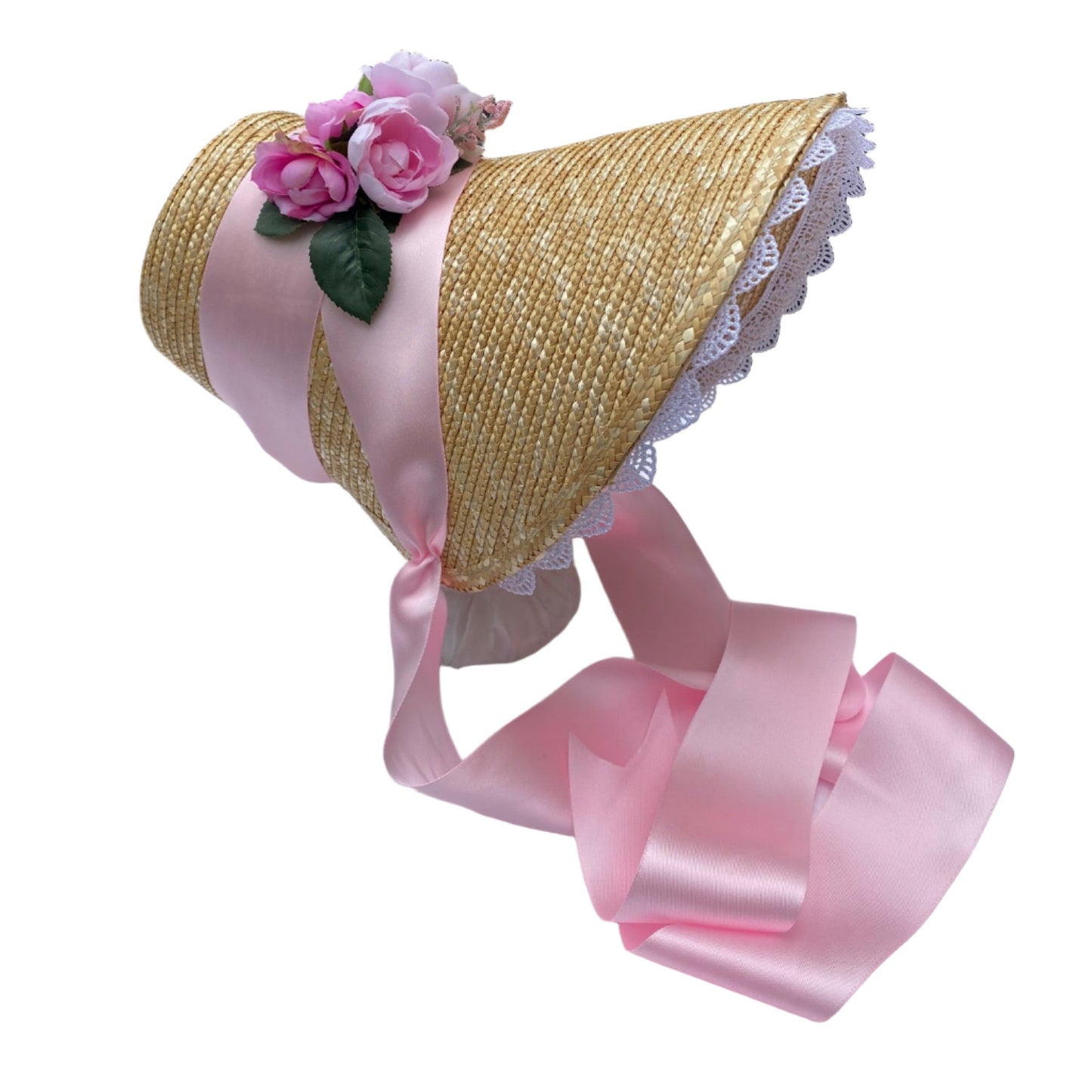Jane Austen Regency Style Poke Bonnet with pink ribbons, roses and white lace