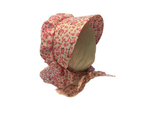 pink floral calico bonnet with neck ruffle for prairie events