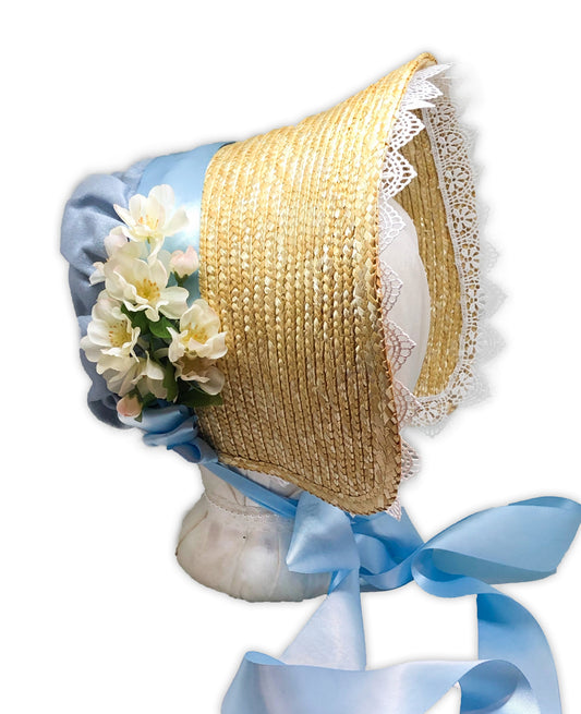 Late Regency Early Victorian straw cottage bonnet with fabric, ribbons and lace, accented with spring apple blossoms