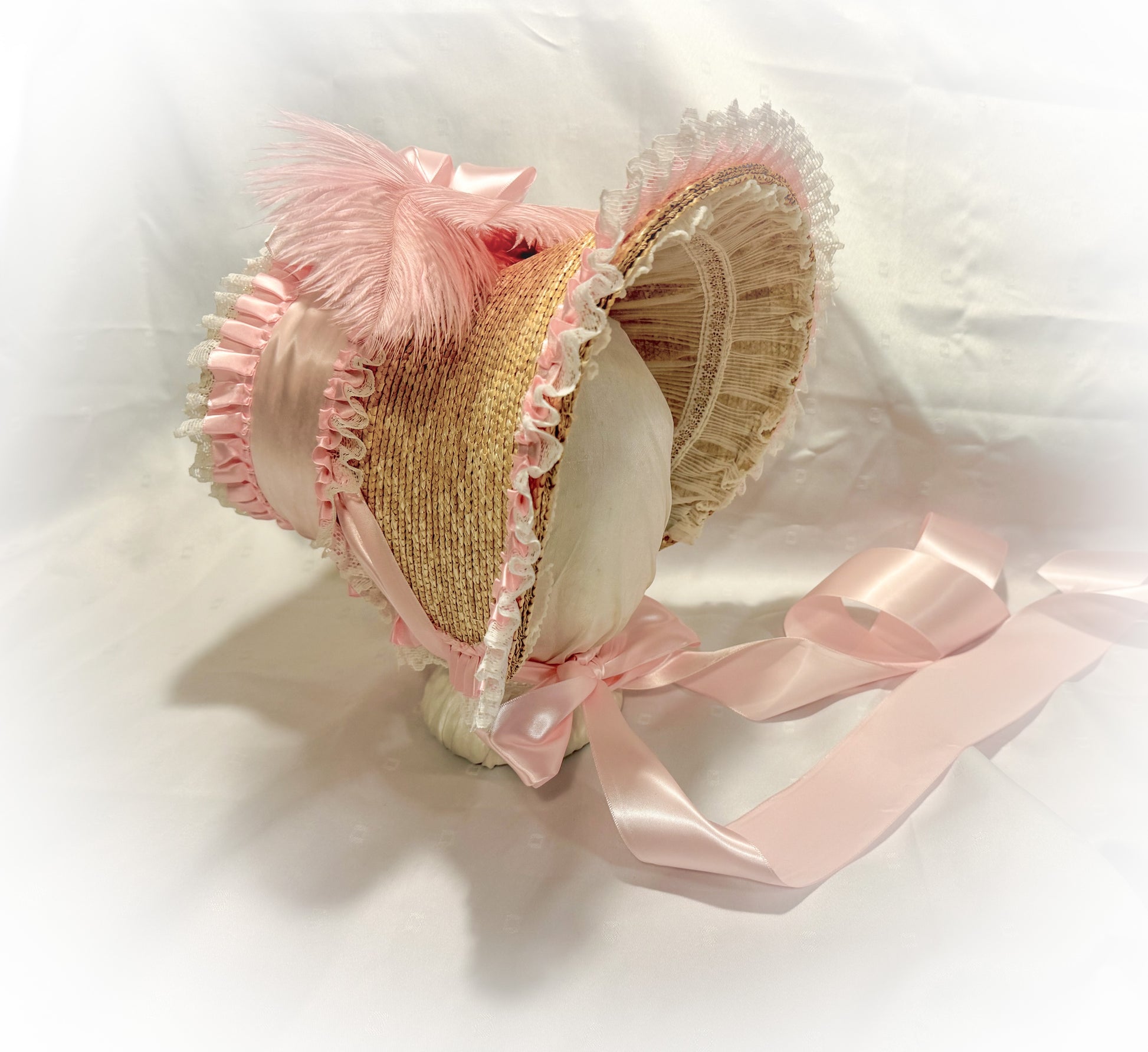 Eliza: Regency Poke Bonnet with vintage lace & ribbons, pink flowers, & feathers Austentation