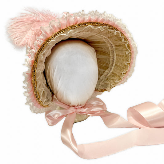 Eliza: Regency Poke Bonnet with vintage lace & ribbons, pink flowers, & feathers Austentation