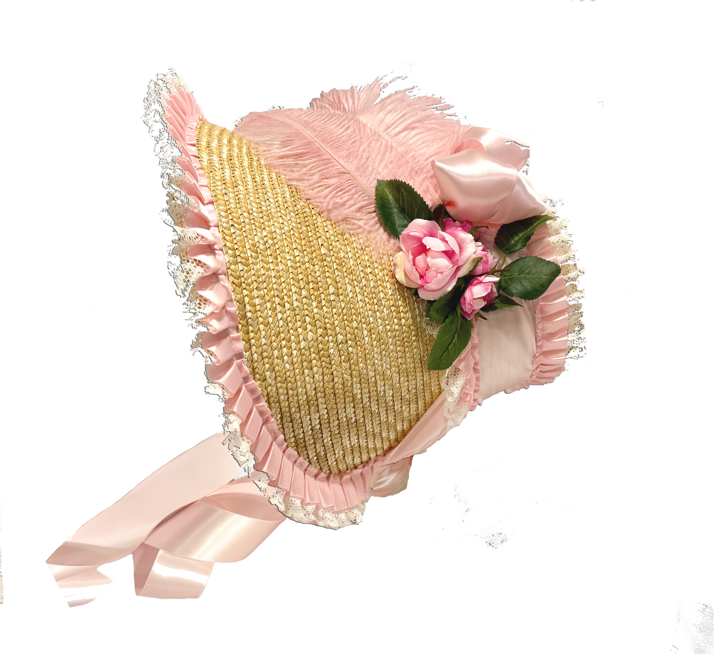 Eliza: Regency Poke Bonnet with vintage lace & ribbons, pink flowers, & feathers Austentation