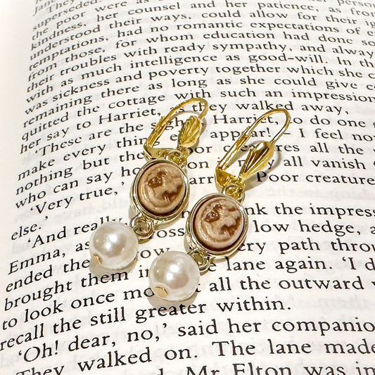 regency victorian oval shaped cameo earrings with pearl drop