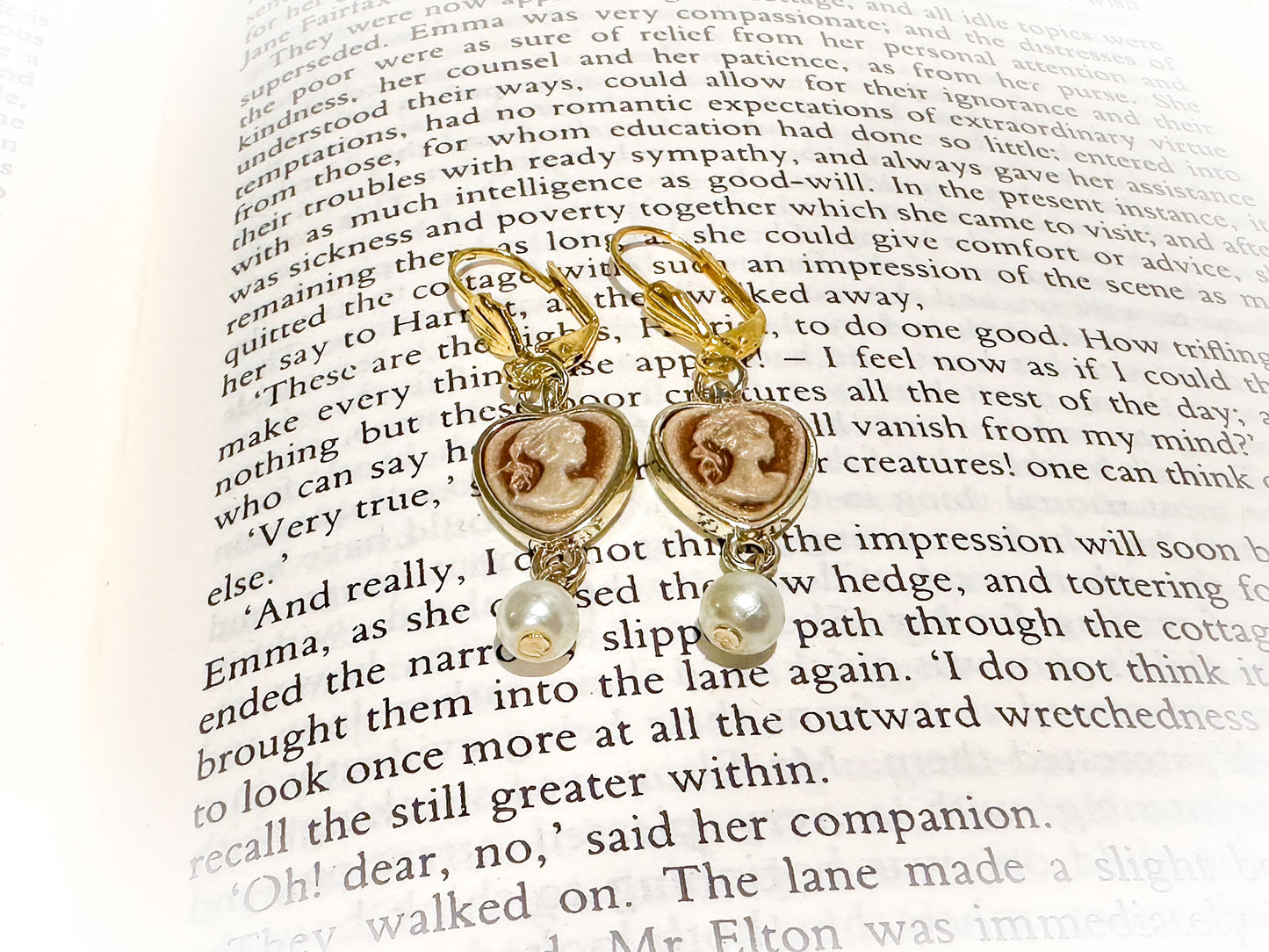 Regency Victorian heart shaped cameo earrings with pearl dangle