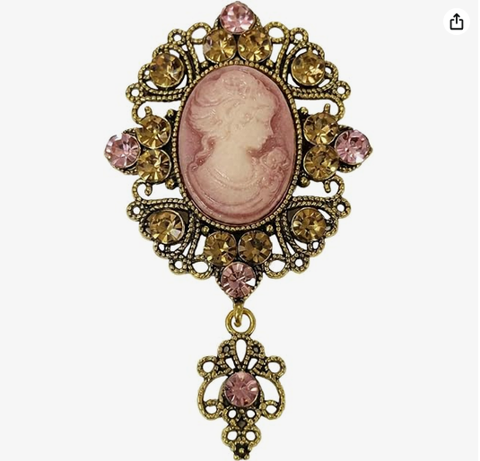 Large Rhinestone and Cameo Brooch: Pink