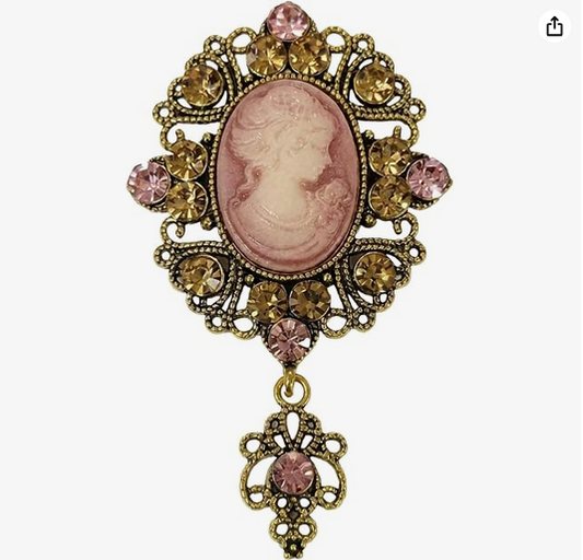 Large Rhinestone and Cameo Brooch: Pink