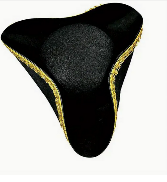 child black and gold felt tricorne tri-corn hat for colonial or georgian sailor, soldier or pirate.
