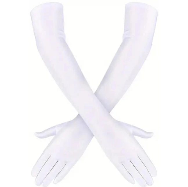long white fabric gloves fit over the elbow for Regency Balls
