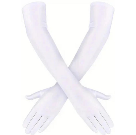 long white fabric gloves fit over the elbow for Regency Balls