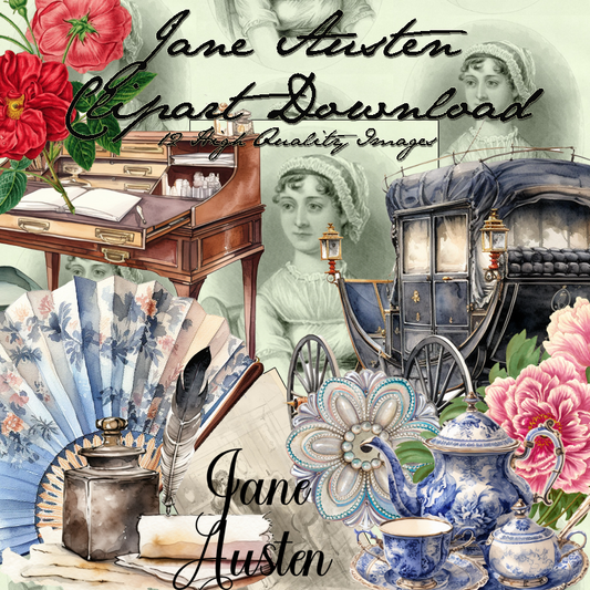 Jane Austen 12 Downloadable Watercolor PNG Clip Art Images