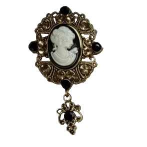 Large Rhinestone and Cameo Brooch: Black