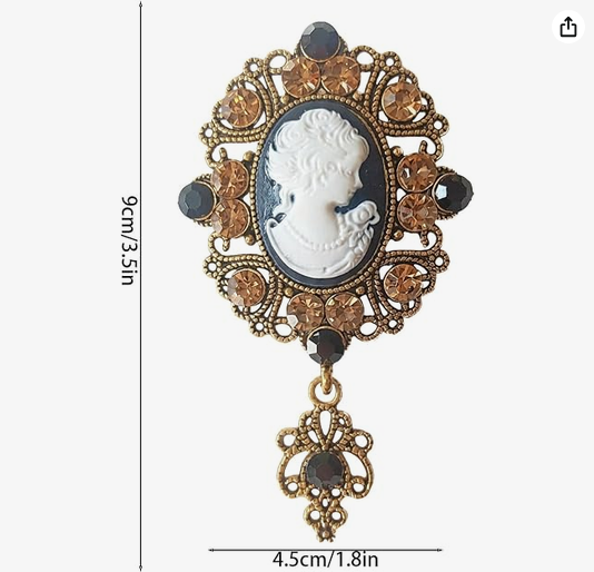 Large Rhinestone and Cameo Brooch: Black