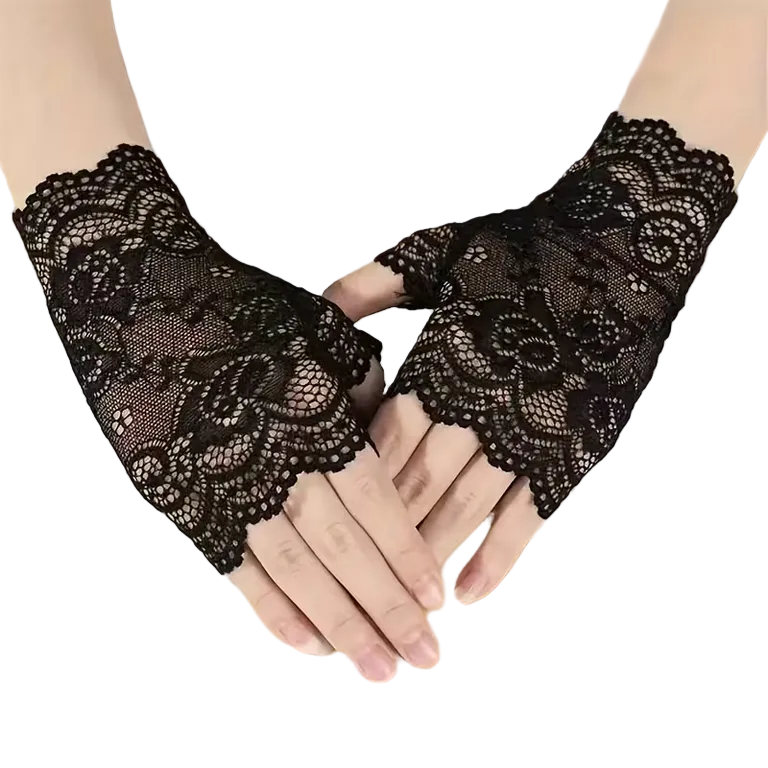 Black Lace Half Mitt Gloves: Scallops
