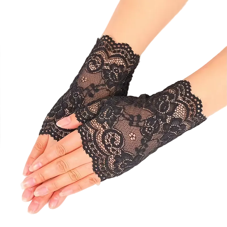 Black Lace Half Mitt Gloves: Scallops