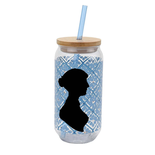 Jane Austen silhouette on reuseable  acryllic tumbler cup with bamboo lid and straw