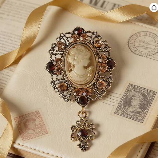 Large Rhinestone and Cameo Brooch: Brown