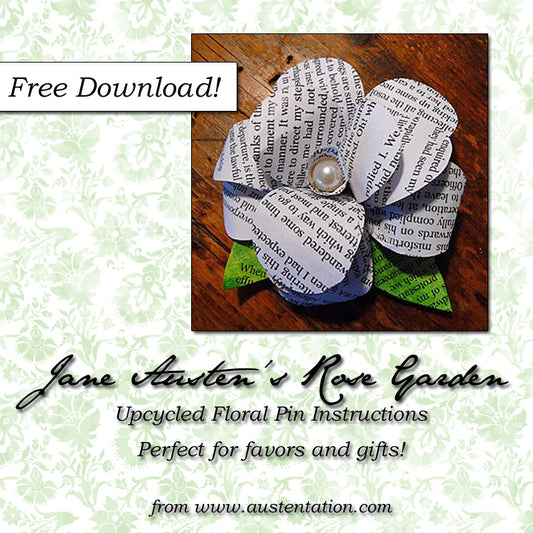 DIY instructions for upcycled rose pin made using Jane Austen's novels. Perfect for party favors, gifts, jewelry, decor and more!