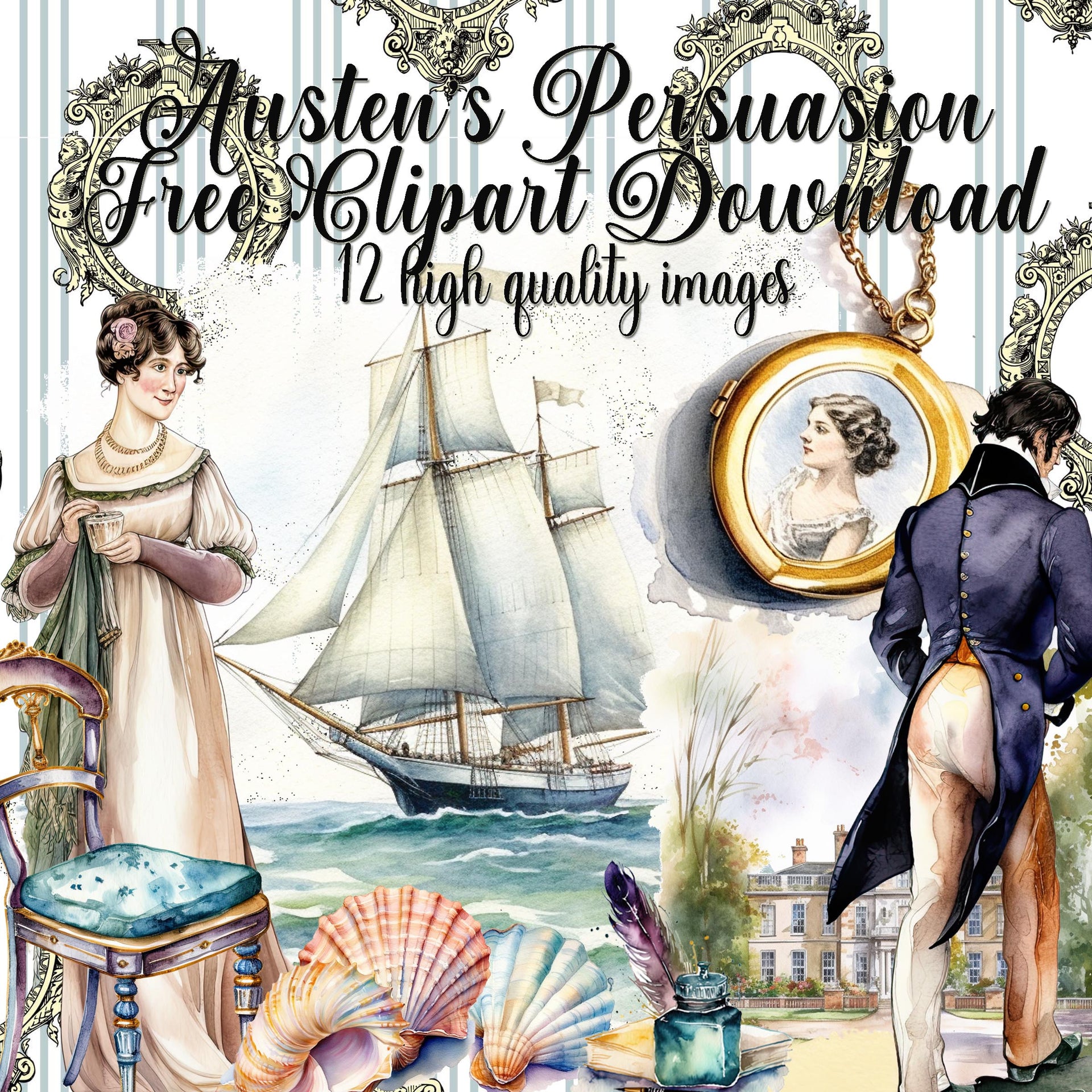 Jane Austen Persuasion 12 Downloadable Watercolor PNG Clip Art Images –  Austentation: Regency Accessories