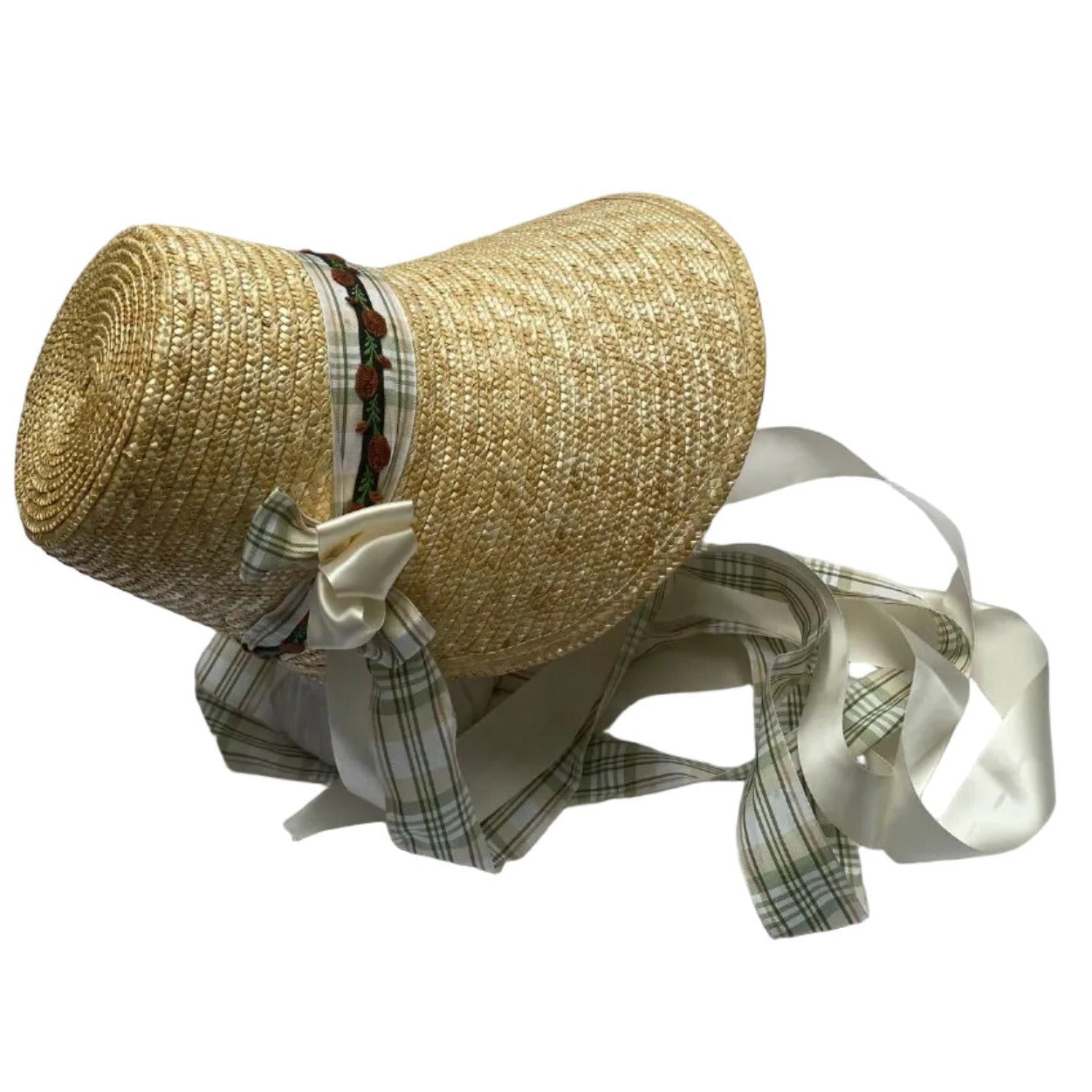 two ribbons and vintage floral trim enhance this regency style poke bonnet based on one seen in Jane Austen's Emma.
