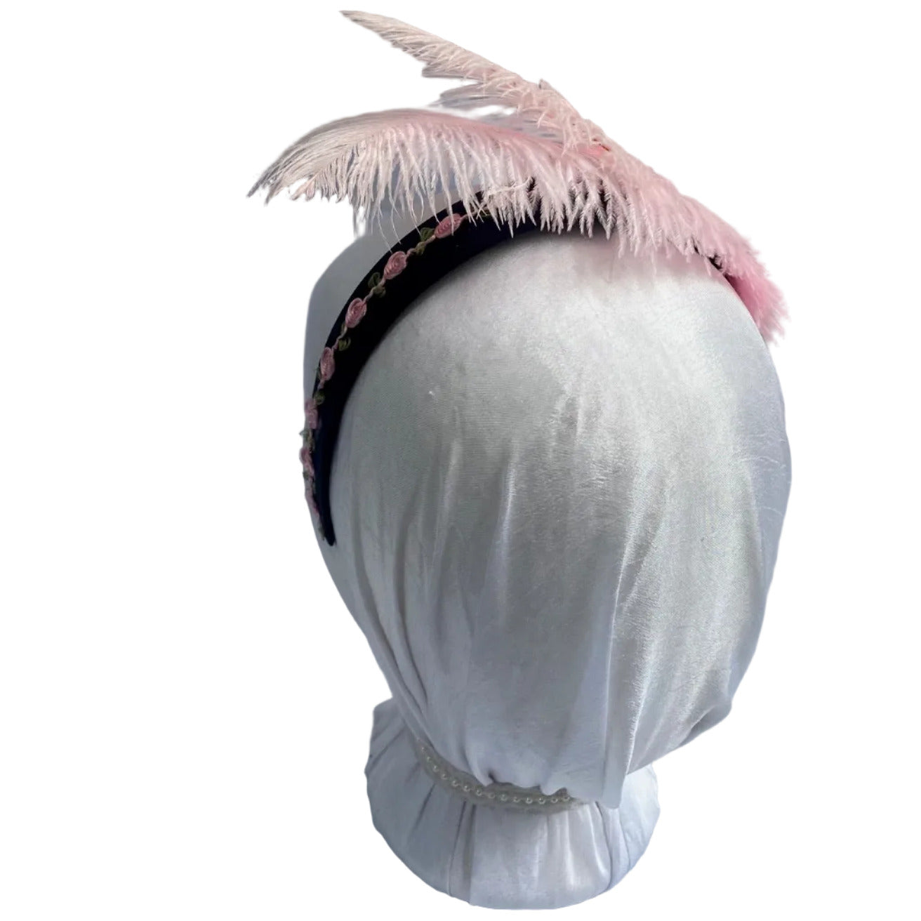 black and pink feathered headband for regency ball.