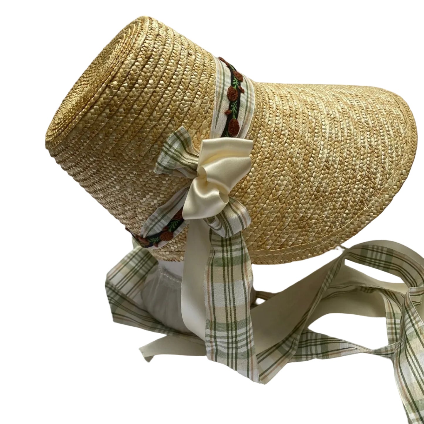 Harriet: Green and Ivory Bonnet with Two ribbons & flowers