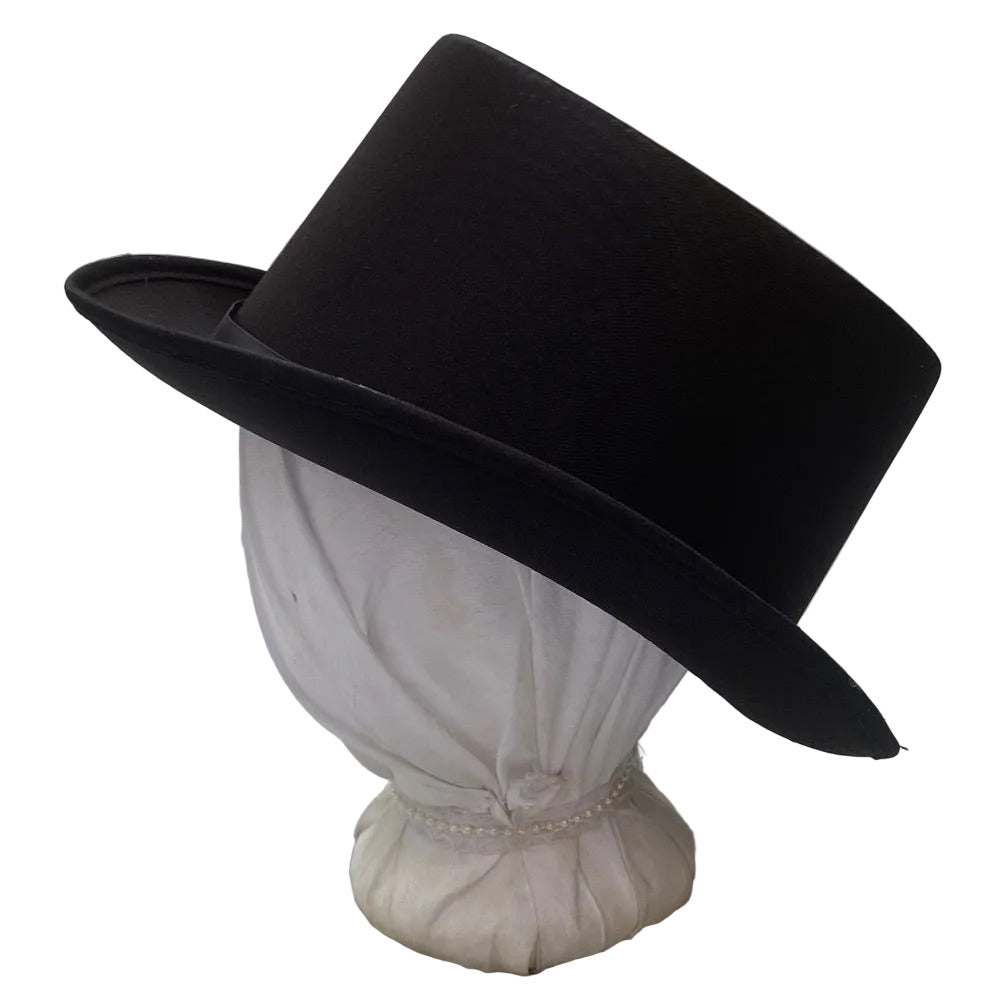 side view of victorian style satin covered top hat
