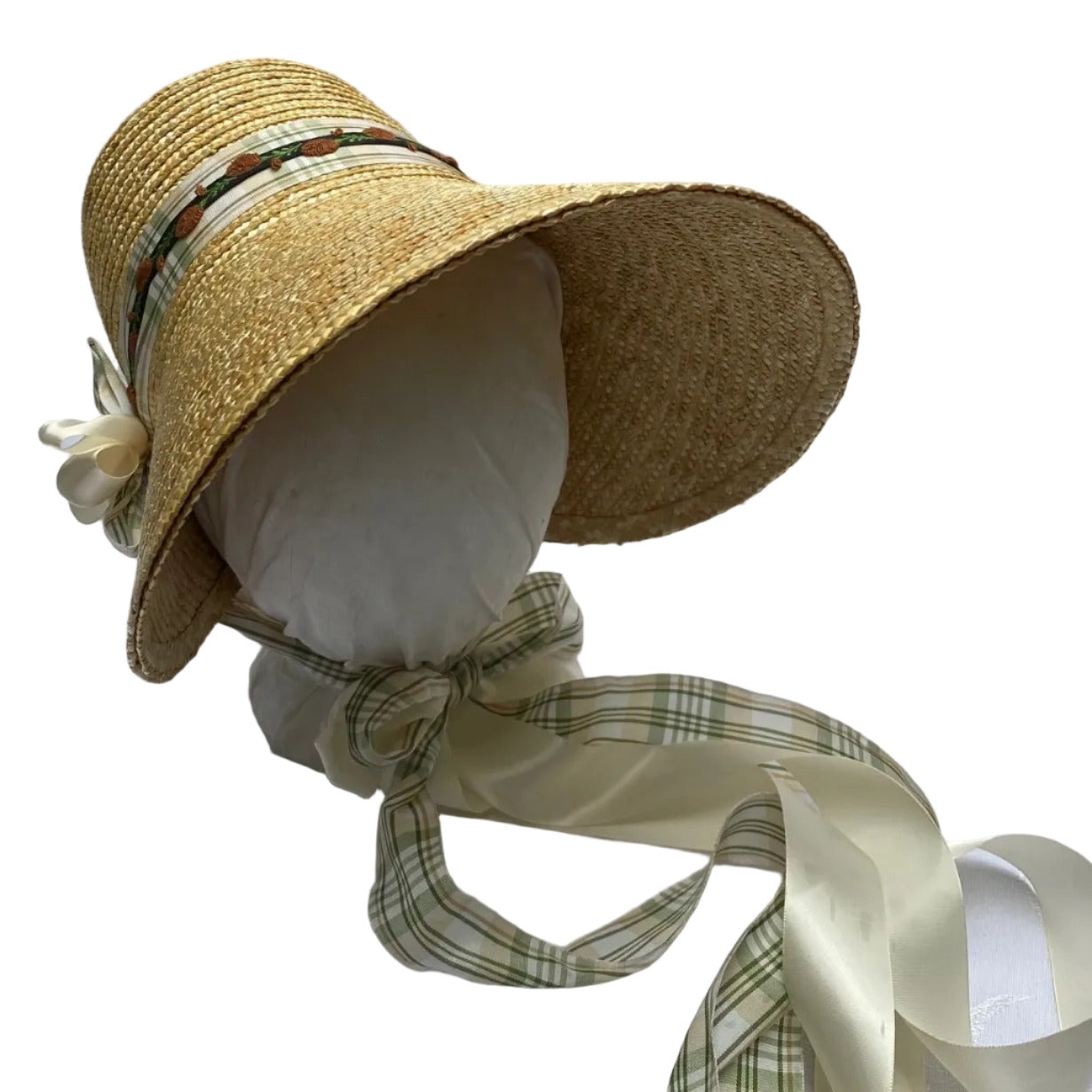 Harriet: Green and Ivory Bonnet with Two ribbons & flowers