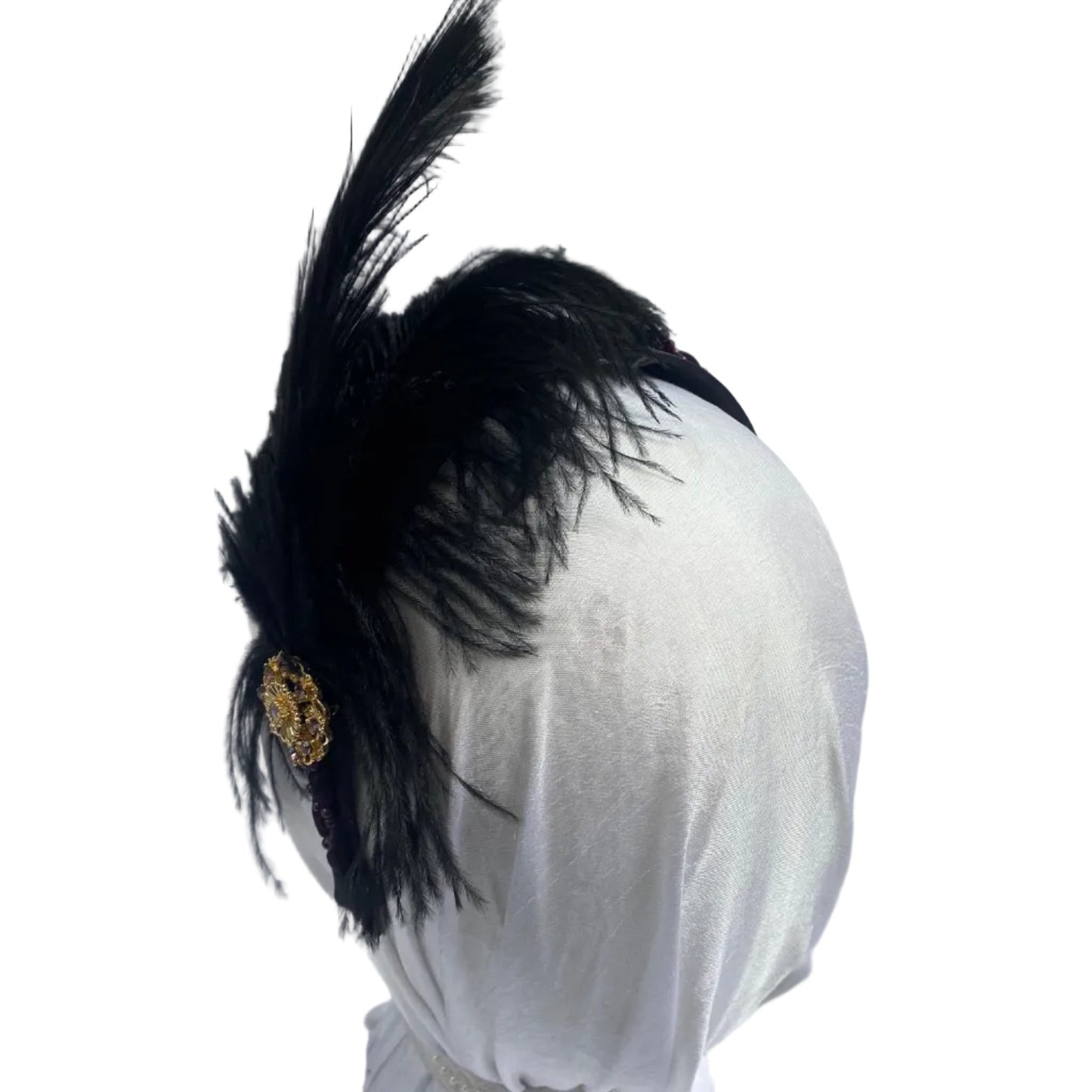 Satin Headband with Plumes: Black and Purple
