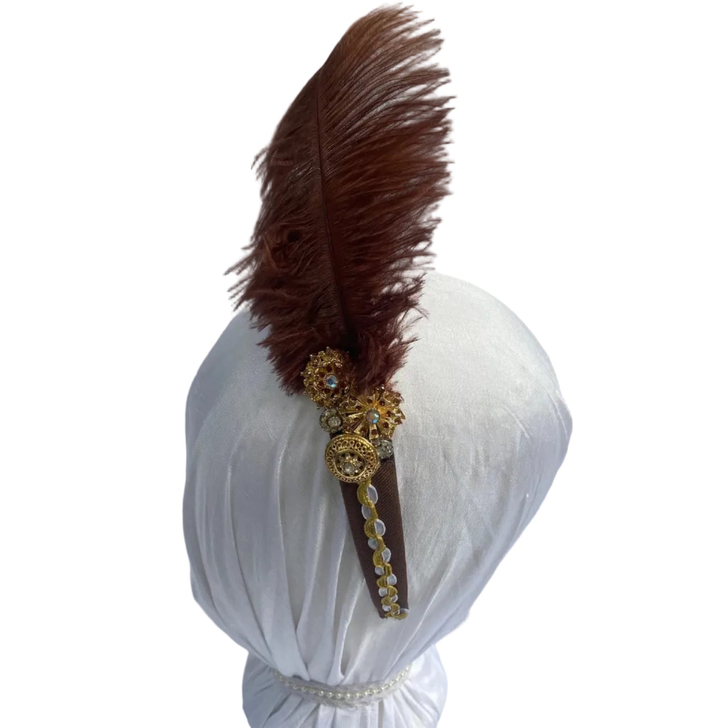 Satin Headband with Plumes: Brown and Gold