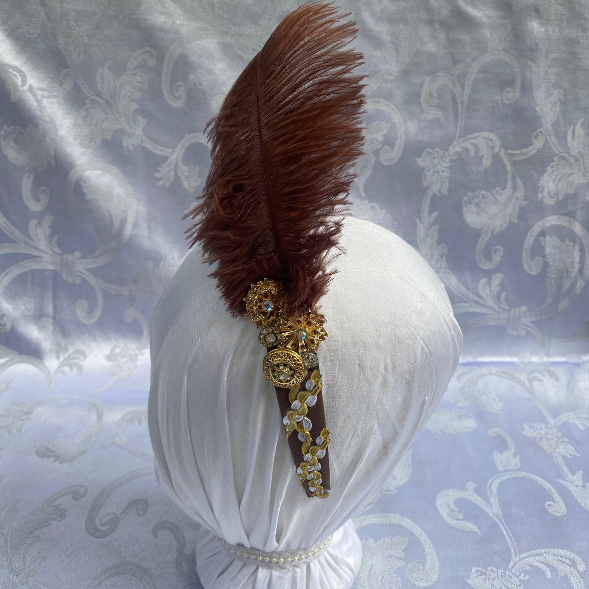 Satin Headband with Plumes: Brown and Gold
